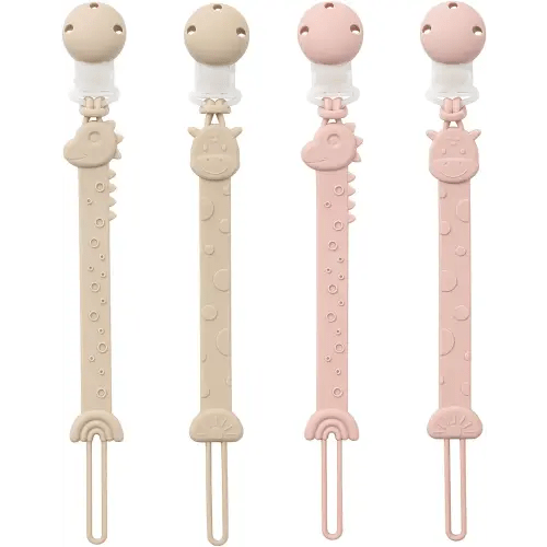 Pacifier Holder Clips for Baby - Silicone Paci Binky Clips 4Pcs - Animal Design Rainbow-Ivory+Blush