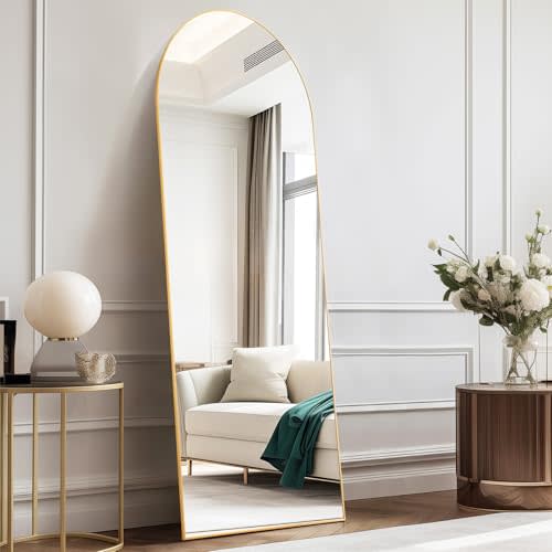 DUMOS Arched Full Length Mirror with Stand Floor Standing Aluminum Frame for Bedroom Body Hanging Leaning Modern Simple Home Decor Shatter-Proorf Nano Glass Wall Living Room Cloakroom Gold 59.1"x15.8"