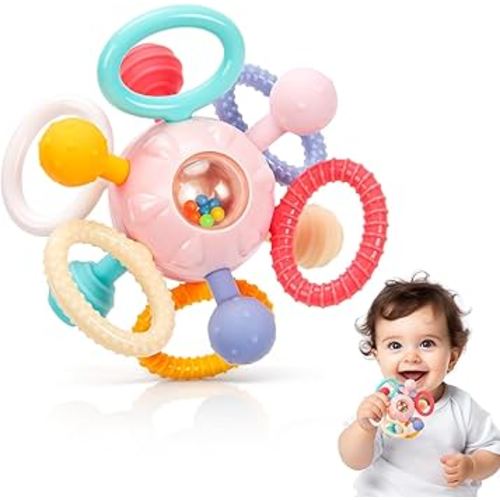 Baby Teething Toys for 0-6 6-12 Months, BPA Free Food Grade Silicone Teether, Infant Sensory Chew Rattles Toys, Gifts for Infant Newborn Boys Girls 0 3 6 9 12 18 Months, Light Pink