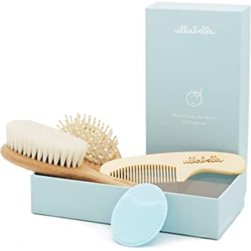 Ullabelle 4 Piece Wooden Baby Hair Brush and Comb Set for Newborns & Toddlers in Chic Gift Box - Ultra Soft Natural Goat Hair and Wood Baby Brush Set Prevents Cradle Cap - Perfect Registry Gift (Blue)