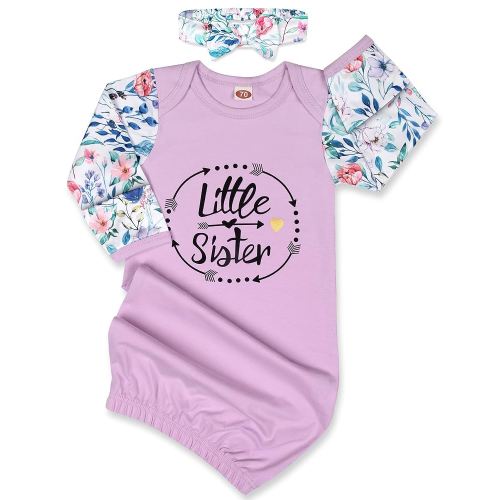 Baby Knotted Gown Newborn 0-6 Months, Super Soft Breathable Baby Sleeper Gowns, Babies Girls Little Sister Nightgowns Coming Home Outfit Infant with Headband Set Purple