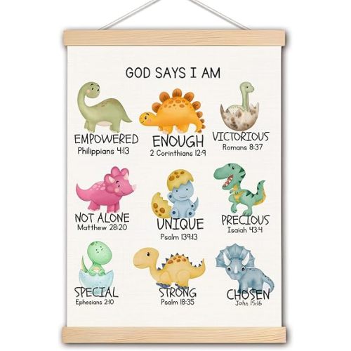 DNEULYR Cute Dinosaur Christian Canvas Wall Art, God Says I am Bible Verse Wall Decor, Dinosaur Room Decor, Religious Scripture Prints Poster for Boys Room Nursery Playroom, 12x16 Inches