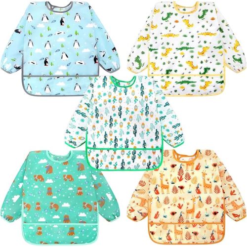 Accmor 5 Pack Long Sleeve Bibs, Baby Smock Waterproof Sleeved Bib Smock for Baby Toddler 6-36 Months