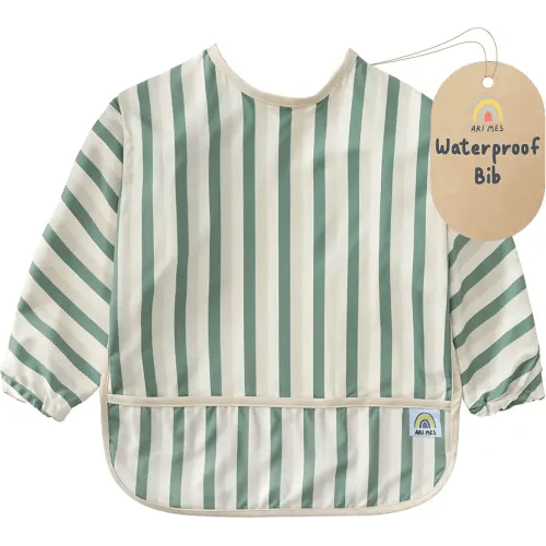 ARI MES Long Sleeves Waterproof Baby Bibs for Eating - Green Stripes, Small - Wearable, Coverall for Toddler, Long Sleeve Bib, Smock Apron for Feeding - Applicable for 6-72 Months