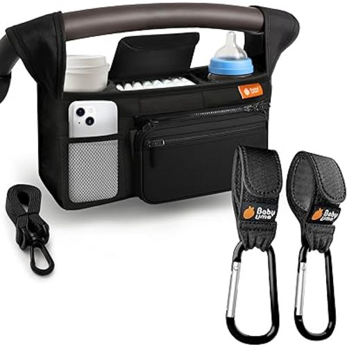 Baby Uma Stroller Caddy & Stroller Hooks - Universal Organizer Bag with XL Insulated Cup Holder, Phone Pocket, Wipes Dispenser, Wrist Bag & Mesh Pocket + 2 Carabiner Clips, Baby Travel Essential Kit