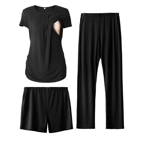 SUNNYBUY Womens Maternity Nursing Pajamas Set, Short Sleeve Breastfeeding ShirtsPregnancy Shorts & Pants 3 Piece Nursing PJS