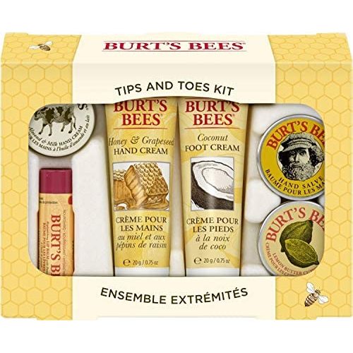 Burt's Bees Tips and Toes Kit Gift Set, 6 Travel Size Products in Gift Box - 2 Hand Creams, Foot Cream, Cuticle Cream, Hand Salve and Lip Balm - Tips and Toes Gift