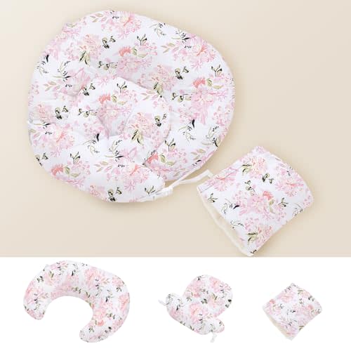 Little Grape Land Nursing Pillow, Multifunctional Breast Feeding Pillow with Arm Pillow, 3pk Baby Support Pillow with Adjustable Waist Strap and Removable Cover, Rose Floral