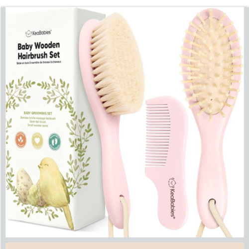Baby Hair Brush and Comb Set for Newborn - Wooden Baby Hair Brush Set with Soft Goat Bristle, Baby Brush Set for Newborns, Baby Brush and Comb Set Girl, Boy, Toddler Cradle Cap Brush (Oval, Blush)