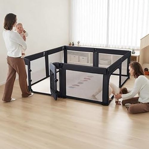 Baby Playpen,Large Play Pen for Babies and Toddlers with Door 79x71 Inch, Adjustable Playpen Non-Slip Suction Cups Base Safe and Sturdy, Indoor Outdoor Playard,Black