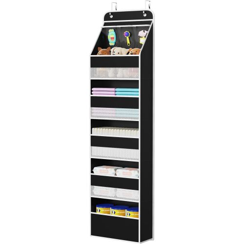 Univivi 6-Shelf Over Door Hanging Organizer Fabric Baby Door Storage with 5 Large Pockets and 3 Small PVC Pockets Wall Mount Hanging Storage Organizers for Baby Essential (Black)