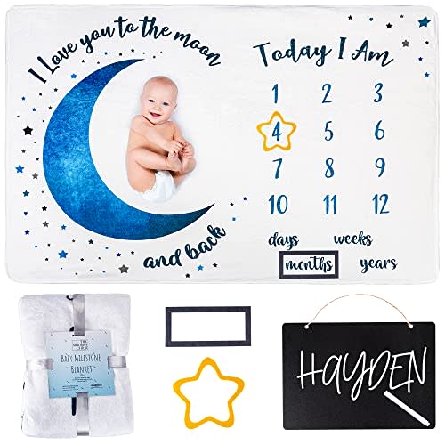 Baby Milestone Blanket - Monthly Milestone Blanket for Baby Boy - Personalized Newborn Growth Chart - Customized Soft Photography Background - Includes Chalkboard kit & 2 Felt Props - 60x40