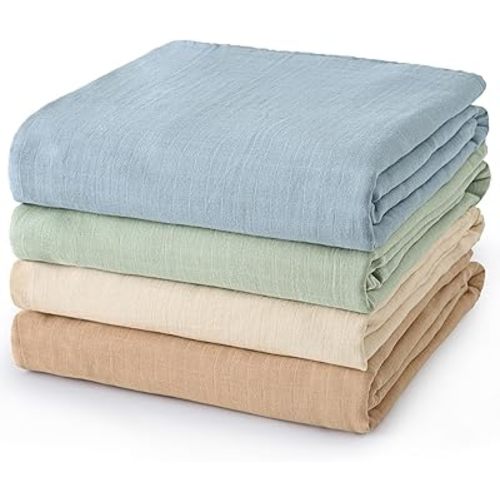 david's kids 4 Pack Baby Muslin Swaddle Blankets 47" x 47", 100% Cotton Swaddle Wrap for Boys Girls, Ultra Soft Breathable Receiving Blanket for Newborns, Dusty Blue & Sage Green & White Cap & Sepia