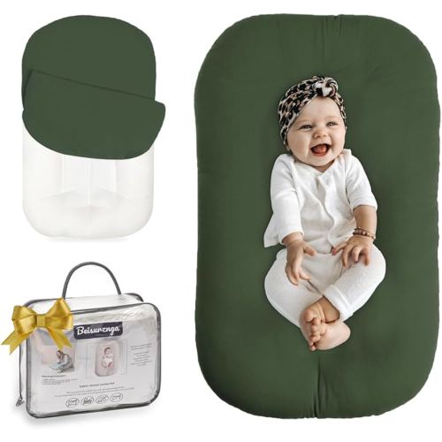 Beisurznga Baby Lounger for Newborn - Snuggle Cozy Me Lounger | Breathable Soft Cotton, 0-24 Months Portable Playtime Baby Nest, Newborn Baby Essentials Gifts- Moss (1 Lounger + 1 Cover)