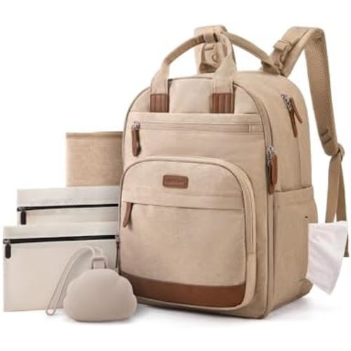 mommore Diaper Bag Backpack with Waterproof Changing Pad, Insulated Bottle Holders & Pacifier Case, Baby Diaper Bag with 2 Organizer Pouches, Stroller Straps, Camel