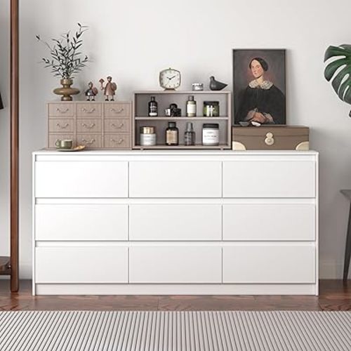 Hitow 9 Drawer Dresser for Bedroom with Deep Drawers, Large Floor Wood Dressers & Chest of Drawers Handle Free, Modern White Long Dressers for Closet Living Room, Euro Slide (63"W x 15.7"D x 31.5"H)