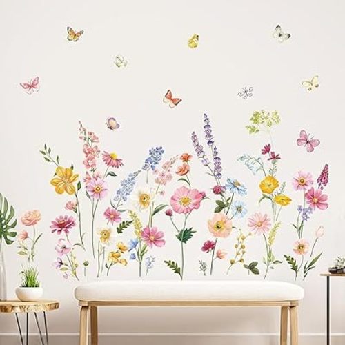 Butterfly and Wild Flower Wall Decals Peel and Stick for Girls Room Wall Decals, Living Room, Nursery, Removable Waterproof Stickers & Murals for Home Decor