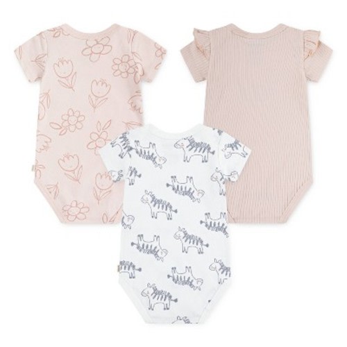 Huggies Baby Girls' Zebras 3pk Short Sleeve Bodysuit - Pink 3M: Organic Cotton, Crotch Snap, Knit Fabric