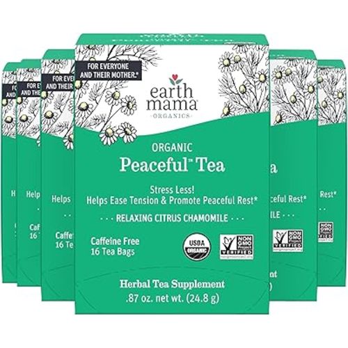 Earth Mama Organic Peaceful™ Tea | Stress Less! Calming, Relaxing Herbal Blend Safe for Pregnancy & Beyond, 16 Teabags Per Box (6-Pack)