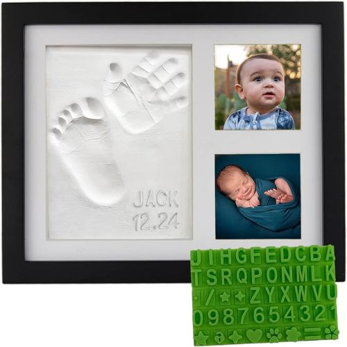 Baby Hand & Footprint Clay Keepsake Photo Frame Kit - w/Silicone Stencil for a Personalized Gift. Wood Frame, Wall/Table Mount. Perfect Registry, Baby Shower, New Mom, Birthday & Newborn Gift - Black