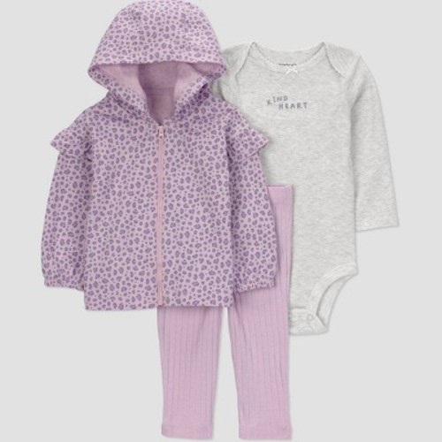 Carter's Just One You® Baby Girls' 3pc Cheetah Hooded Zip-Up Sweatshirt with Bodysuit and Leggings Set - Purple 9M