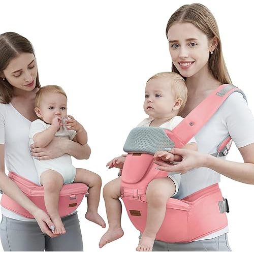 Baby Carrier with Hip Seat, Baby Carrier Newborn to Toddler, 6-in-1 Ways to Carry, All Seasons, Adjustable Baby Holder Carrier for Breastfeeding(Pink)