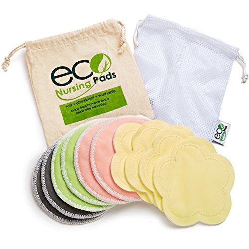 Washable Reusable Bamboo Nursing Pads, Organic Bamboo Breastfeeding Pads, 4 Flower Pads, 10 Pack with 2 Pouches & E-Book