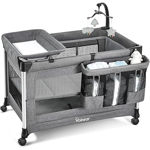 Extra Large Pack and Play with Mattress - One-Push Setup Playard - Baby Bassinet Bedside Crib with Diaper Changer & Storage Bag from Newborn to Toddler (Grey)