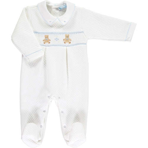 White & Blue Nursery Bear Quilted Smocked Footsie