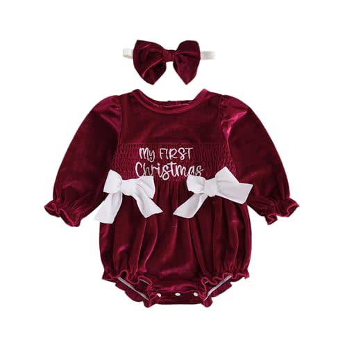 YINGISFITM Baby Girl Christmas Outfit Bow Velvet Bubble Romper Sweatshirt Newborn Onesie Infant Clothes