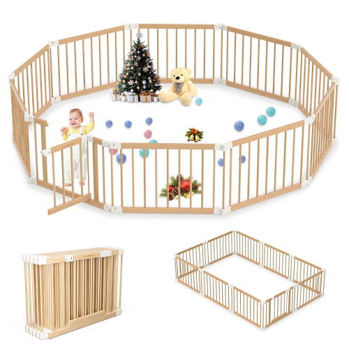 TouHeart Wooden Playpen for Baby & Toddlers, Foldable Large Baby Gate Play Yards, 10 Panels, 102.9"x68.6"x24"