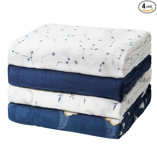 Momcozy Muslin Swaddle Blankets, 4-Pack Breathable and Skin-Friendly Receiving Blankets, Swaddle Blanket Shower Gifts & Baby Registry Essentials, Large 47"x47", Midnight Star Clouds