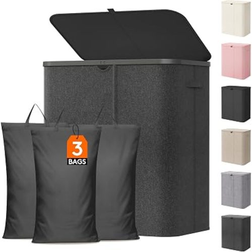 Lifewit 165L 3 Section Laundry Hamper with Lid, Large Laundry Basket with Handles and Removable Bags, Tall Clothes Hamper, Foldable Laundry Sorter for Bedroom Bathroom, Dark Gray