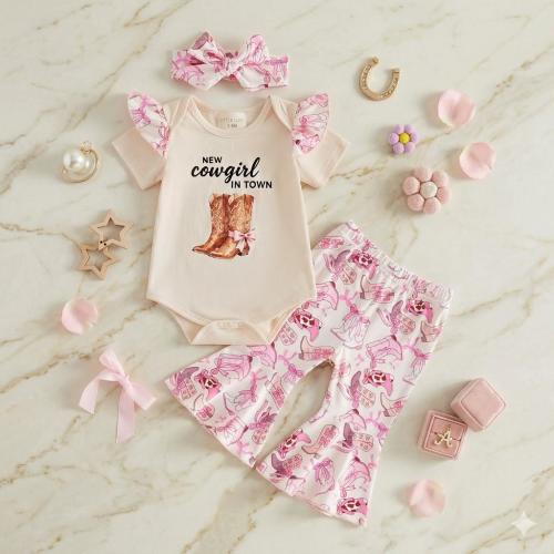 New Cowgirl in Town Baby Outfit | Western Girl Romper Flared Pants Set | Pink Cowboy Boot Infant Clothes | Cute Country Baby Gift