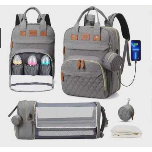 3-in-1 Diaper Backpack with Folding Cot and Changing Mat, Waterproof Baby Bag, USB Port, Multifunctional Mom Backpack, Newborn Gift