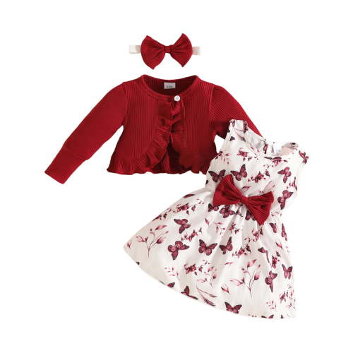 Karoyedx Infant Girl Clothes Girls Floral Print Dress with Matching Coat for Girls Skirt Set for Parties and Daily Wear Red Size,6-9 Months