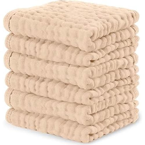 Comfy Cubs Muslin Baby Washcloths 6 Pack - Soft 6-Layer Cotton Wash Cloths for Sensitive Skin - 10"x10" Large, Gentle, Absorbent Infant Essentials for Newborn and Toddlers - Cream