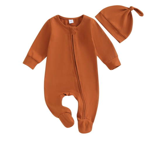 Odeerbi 0-6 Months Infant Boys Girls Cotton Romper with Hat Set Children's Solid Color Round Neck Long Sleeve Jumpsuit Infant Boys Girls Clothes