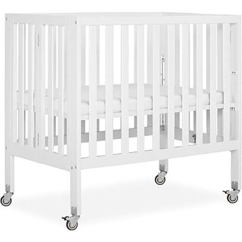 Dream On Me Jett Mini Folding Baby Crib in White, GreenGuard Gold & BSA, Lightweight & Portable, Patented Flat Folding System for Small Spaces & Travel, 1.5” Mattress Pad, 3 Heights, Safe Wheels