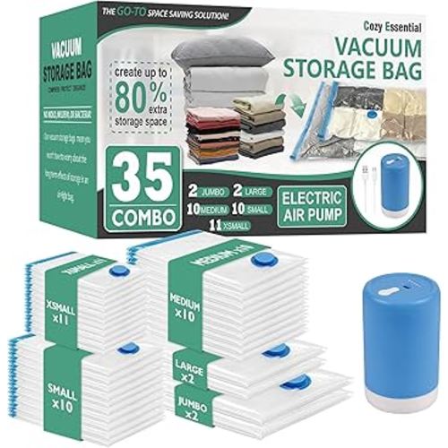 Cozy Essential 35 Pack Vacuum Storage Bags with Portable Rechargeable Wireless Portable Electric Pump, Vacuum Seal Space Saver Bags for Clothing, Pillows, Blanket, Bedding, Comforters