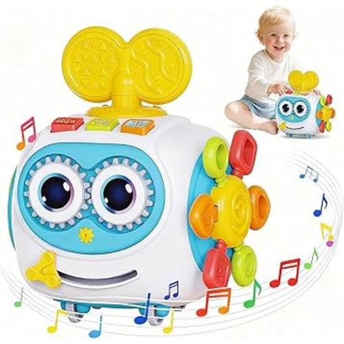 MoraBaby Robot Musical Busy Cube for Toddlers 1-3 Years Old, Montessori 6-in-1 Activity Cube with Lights & Sounds, Wheels for Tummy Time & Crawling Training, Birthday Gifts for Baby boy & Girl