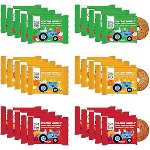 Once Upon a Farm | Organic Toddler Soft-Baked Bar Tractor Wheels Variety Pack | Apple, Strawberry, Banana | Made with Real Fruit & Veggies | No Added Sugar | 30 Bars