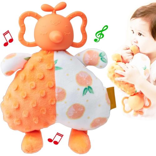 2 in 1 Baby Rattles & Plush Rings, Newborn Teething Toys for 0-3-6-12 Months，Infant Chew Toys，Baby Montessori Toy Plush Animal Gift (Orange Color)