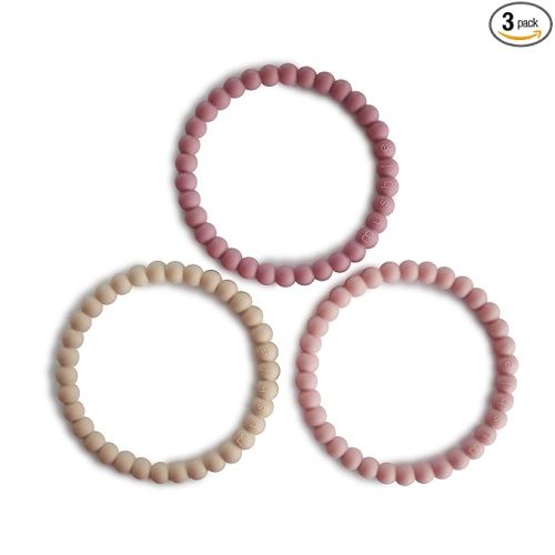mushie Pearl Teether Bracelet | 3-Pack (Linen/Peony/Pale Pink)