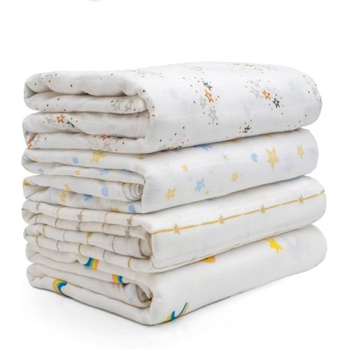 Salt Earth 100% Organic Cotton GOTS Certified 2-Layered Swaddle Baby Blanket, 4 Pack,47"x47" Receiving Blankets for Swaddling,Wrap for Boy & Girl, Newborn Baby Essentials, Registry (Star & Rainbow)