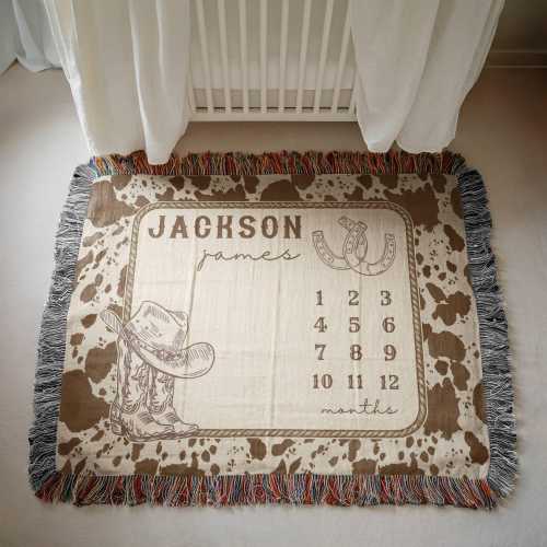 Custom Baby Milestone Blanket,Custom Monthly Baby Blanket,Western Nursery Decor,western baby boy gifts,cow milestone blanket,Cowboy Nursery