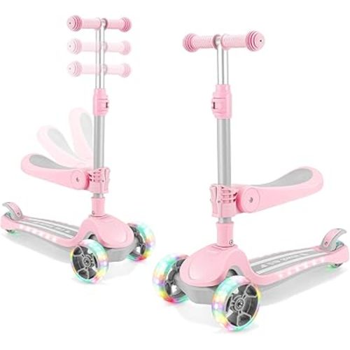 3 Wheel Scooter for Kids Ages 2-10 Years, 2 in 1 Kick Kids Scooter with Swivel Seat, Flashing Wheels and Light up Deck, 4 Adjustable Heights, Lean to Steer, Suitable for Boys & Girls Aged 2+