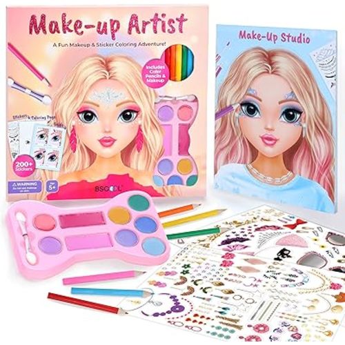 BSCOOL Make-up Artist. 3 in 1 Fun Makeup, Sticker, Coloring Kit, Includes Color Pencils, Makeup Palette, and 200+ Stickers. for Girls Ages 5,6,7,8. Make Up Style Coloring Book. Gift for Girls