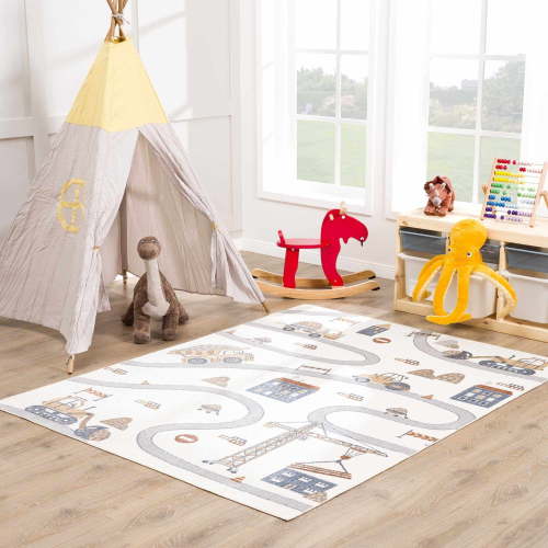 Hauteloom Olwen Kids Room, Nursery, Playroom Machine Washable Area Rug - Road, Construction Vehicles - Cream, Light Gray - 6'7" x 9'