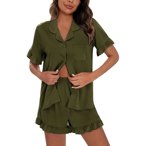 SWOMOG Woman Pajama Set Short Sleeve Pjs Set 2Pcs Short Pajamas Button Down Ruffle Hem Sleepwear Soft Modal Loungewear